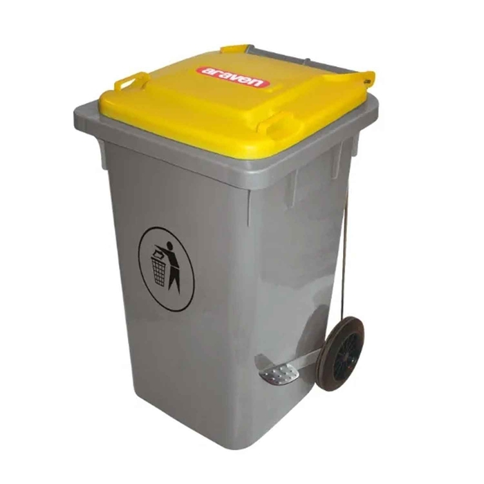 BALDE LIXO 100L RODAS E PEDAL TAMPA AMARELA 05404 - ARAVEN - 8411777054042